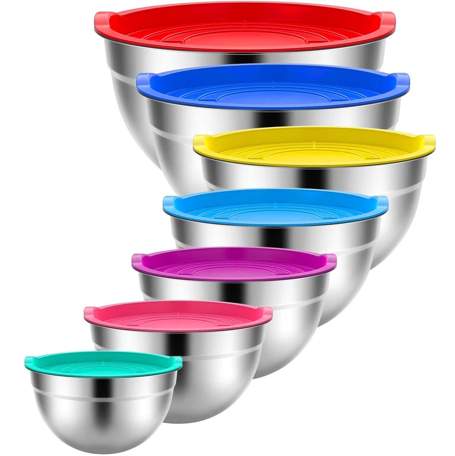 7 Pack Stainless Steel Mixing Bowls with Lids, Nesting Kitchen Prep and Food Storage Bowls Set, up to 7 Qt, Dishwasher Safe, Color