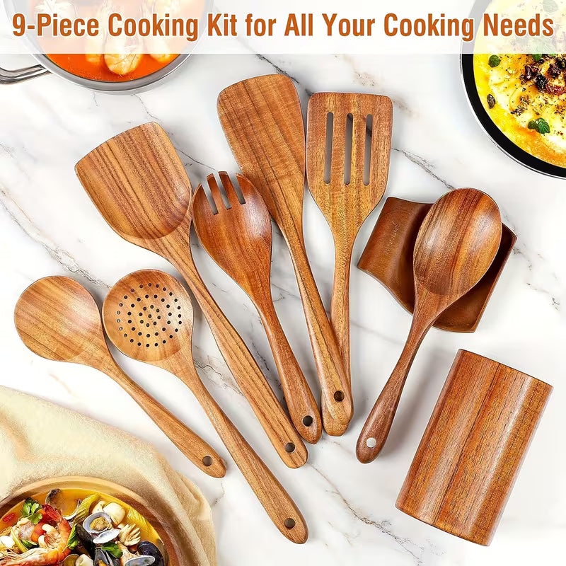 9-Piece Wooden Kitchen Utensils Set – Heat-Resistant Cooking Tools for Everyday Use