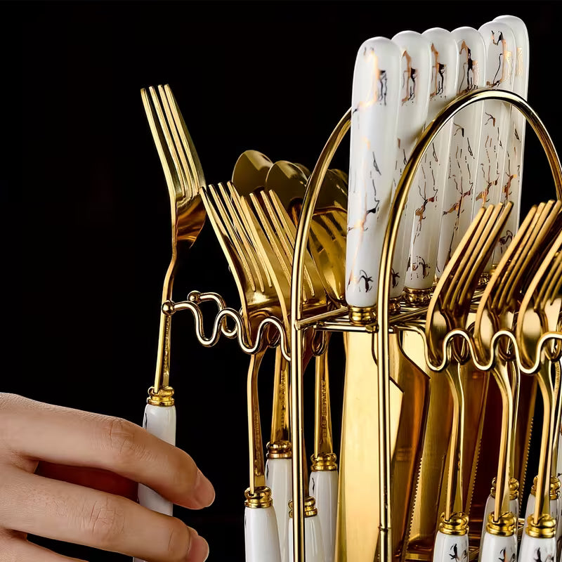 24-Piece Stainless Steel Tableware Set with Short Ceramic Handles – Elegant Dinner Knives & Dessert Spoons for Home, Restaurant & Hotel