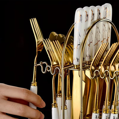 24-Piece Stainless Steel Tableware Set with Short Ceramic Handles – Elegant Dinner Knives & Dessert Spoons for Home, Restaurant & Hotel