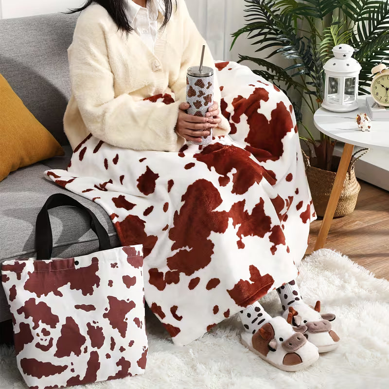 6-Piece Cow Themed Gift Set for Women, Cow Print Tumbler with Blanket, Socks, Slippers, Tote Bag and Keychain, Cute Farm Animal Gift Set for Birthdays, Holidays and Cow Lovers