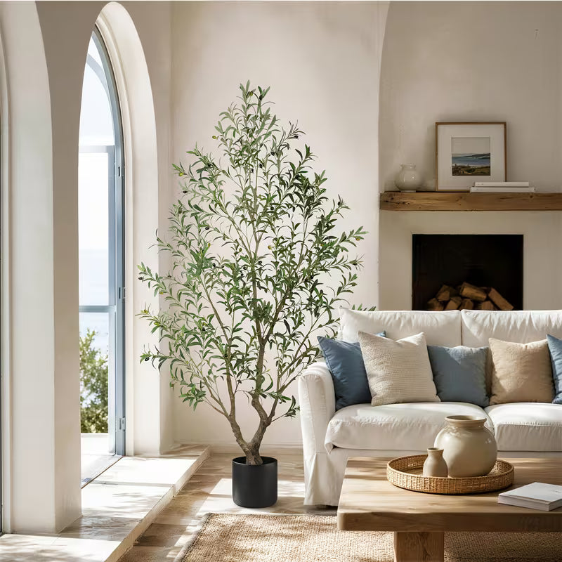 5–8 FT Artificial Olive Tree with White Round Planter – Lifelike Faux Indoor Floor Plant for Home & Office Décor