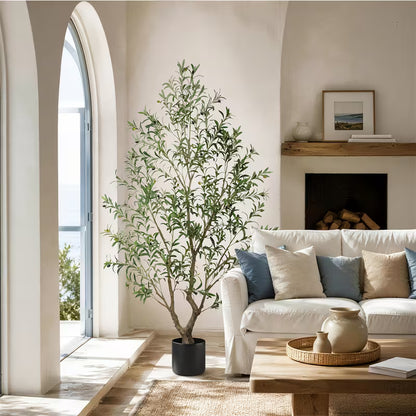 5–8 FT Artificial Olive Tree with White Round Planter – Lifelike Faux Indoor Floor Plant for Home & Office Décor