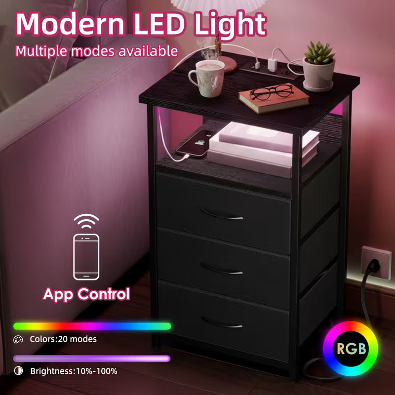 Nightstand with Charging Station, 3 Drawers & Storage Shelf
