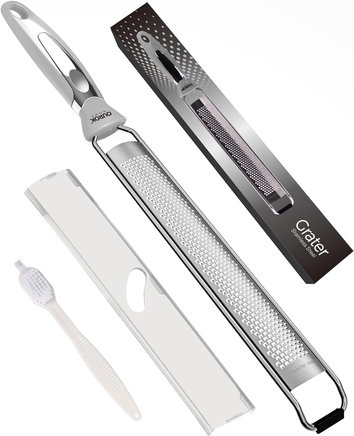 Kitchen Lemon Zester, Stainless Steel Hand Held Parmesan Cheese Grater for Ginger, Chocolate, Coconut, Lime, Nutmeg, Citrus, Fruit, Vegetable with Cleaning Brush, Dishwasher Safe, Gray