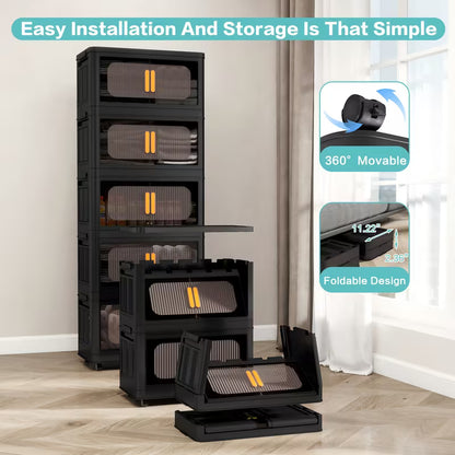 4-Tier / 5-Tier Collapsible Storage Organizer with Double Doors, Stackable Plastic Storage Cabinet on 360° Rotatable Lockable Wheels
