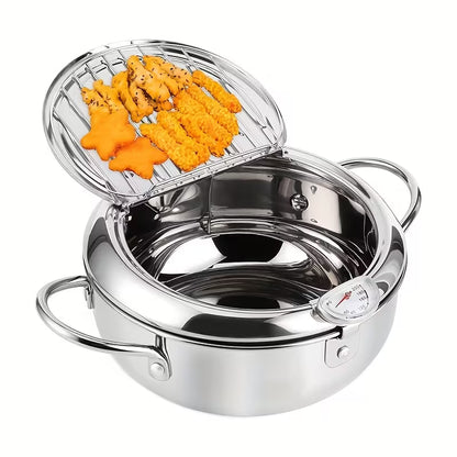 Stainless Steel Japanese Deep Fryer Pan with Thermometer – Induction Compatible Frying Pot for Home Kitchen