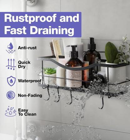 Premium Shower Caddy - Self Adhesive Shower Shelf with 4 Hooks - No Drill Large Capacity Stainless Steel Rack - Aesthetic Organizer for Bathroom Wall Decor - Matte Black