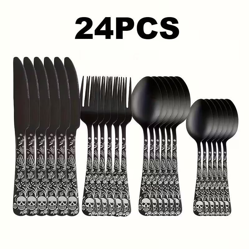Gothic Skull & Rose Stainless Steel Flatware Set – 16/24-Piece Cutlery Service for 4 or 6