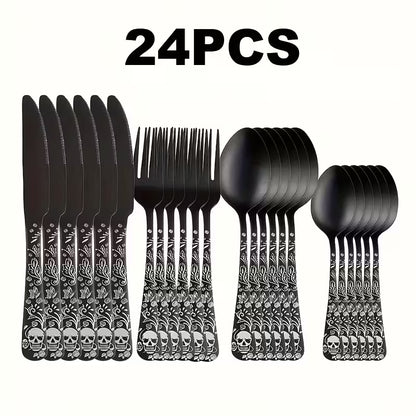 Gothic Skull & Rose Stainless Steel Flatware Set – 16/24-Piece Cutlery Service for 4 or 6