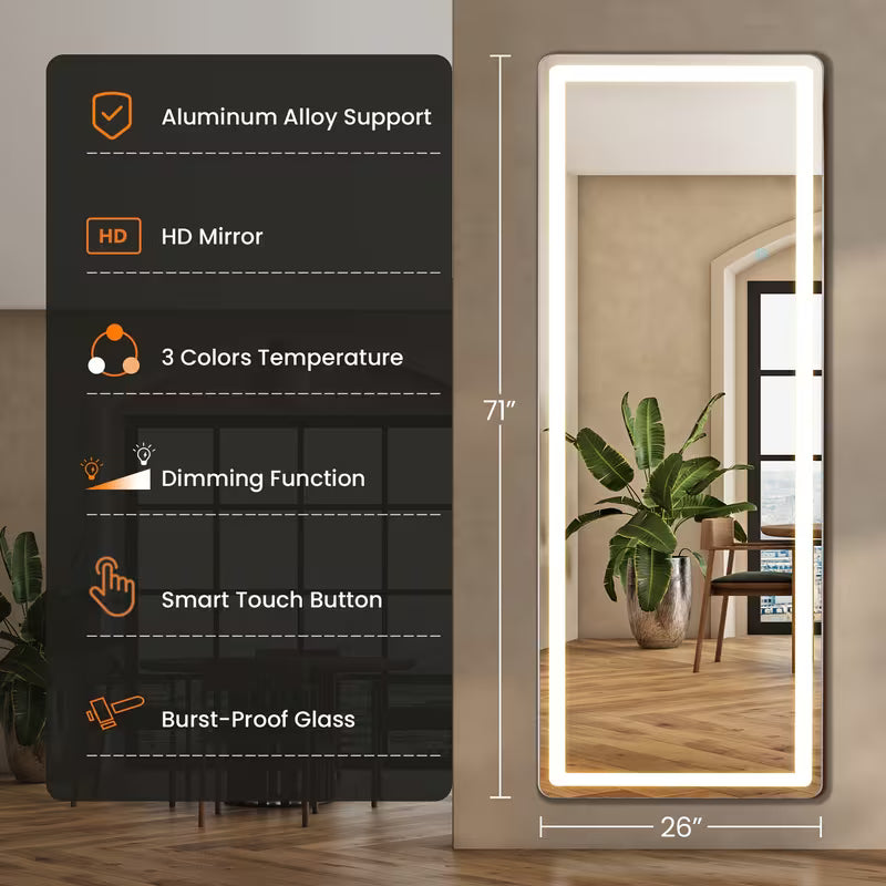 LED Full-Length Mirror with Lights – Full Body Standing & Wall-Mounted Dressing Mirror