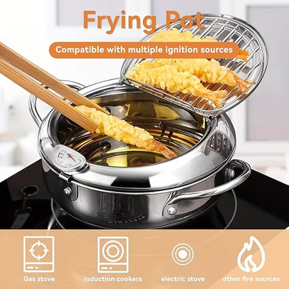 Stainless Steel Japanese Deep Fryer Pan with Thermometer – Induction Compatible Frying Pot for Home Kitchen