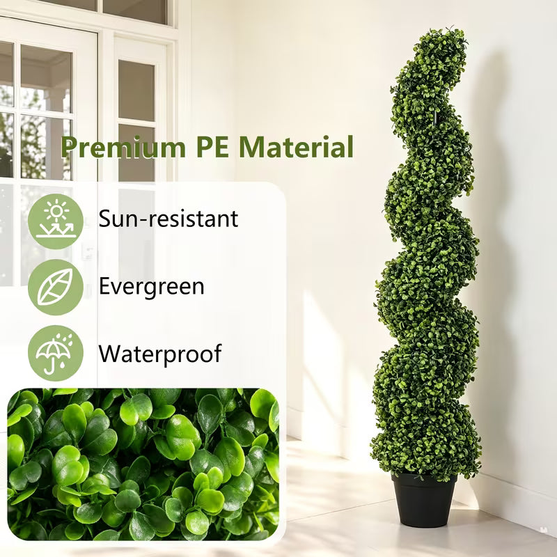 Set of 2 Artificial Boxwood Spiral Topiary Trees – Realistic Green Decorative Plants for Indoor & Outdoor Spaces