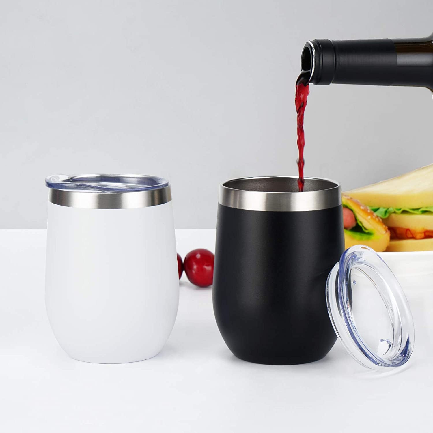 8 Pack 12Oz Stainless Steel Wine Tumblers, Insulated Wine Tumbler, Double Wall Insulated Wine Glass, Stainless Steel Stemless Wine Cups with Lids for Coffee, Wine, Cocktails, Champaign, Black