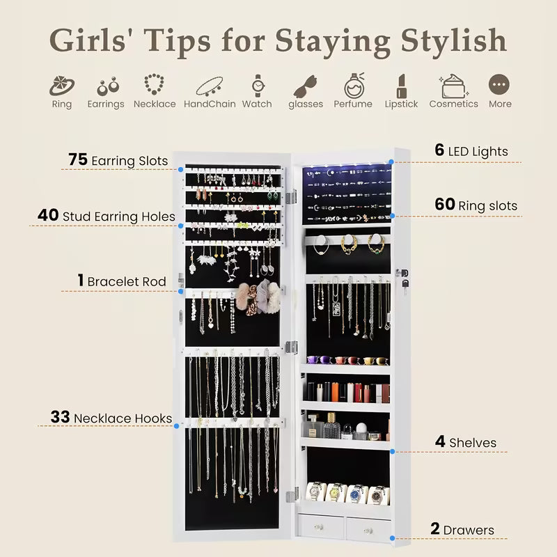 47.2-Inch Wall-Mounted Jewelry Cabinet with Mirror & LED Lights