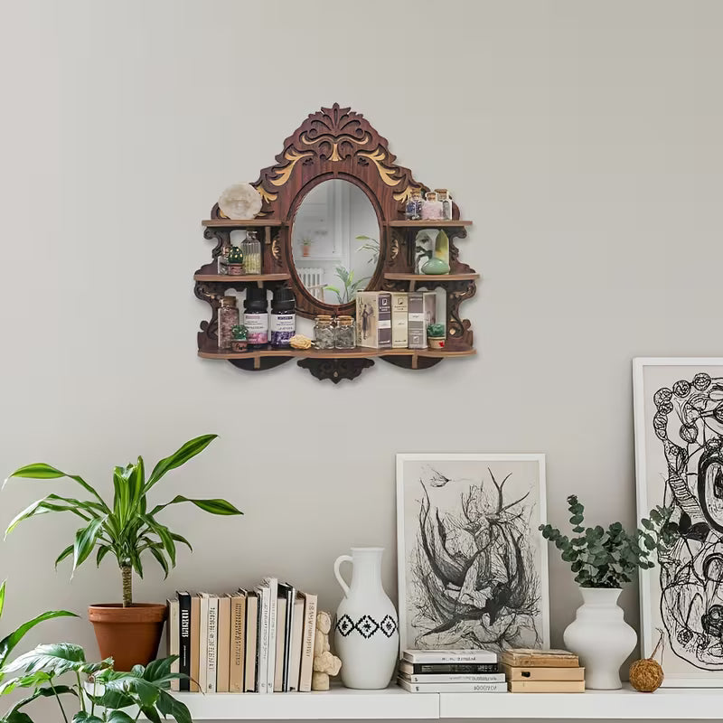 Wall-Mounted Shelf with Mirror, Multi-Functional Crystal Display Organizer, Space-Saving Wooden Wall Décor for Entryway & Bathroom