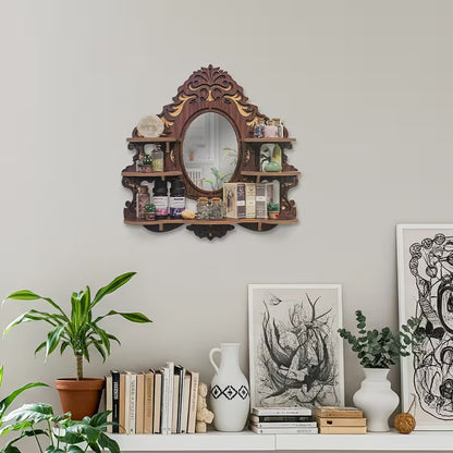 Wall-Mounted Shelf with Mirror, Multi-Functional Crystal Display Organizer, Space-Saving Wooden Wall Décor for Entryway & Bathroom