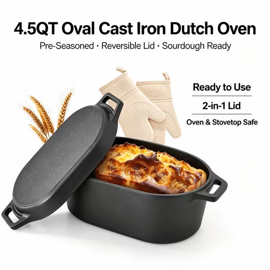 4.5 Qt Oval Dutch Oven with Lid and Heat-Resistant Oven Mitt, Pre-Seasoned Cast Iron Pot for Sourdough Bread Baking, Braising, Roasting & Stovetop Cooking