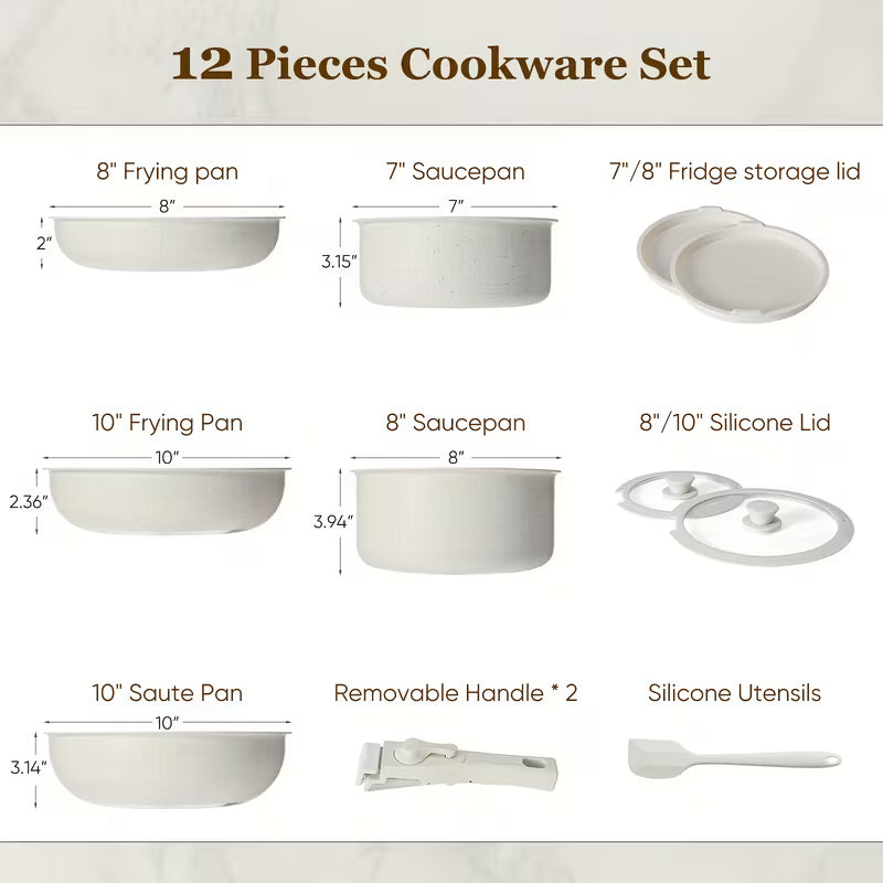 12-Piece Non-Stick Cookware Set with Detachable Handle – Induction Compatible, Oven Safe & Stackable