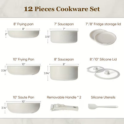 12-Piece Non-Stick Cookware Set with Detachable Handle – Induction Compatible, Oven Safe & Stackable
