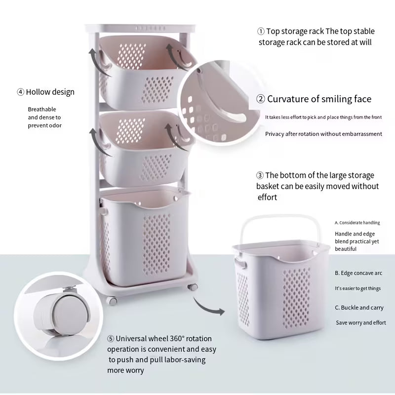 Modern Rolling Laundry Basket with Wheels – Multi-Layer Laundry Hamper & Bathroom Storage Organizer