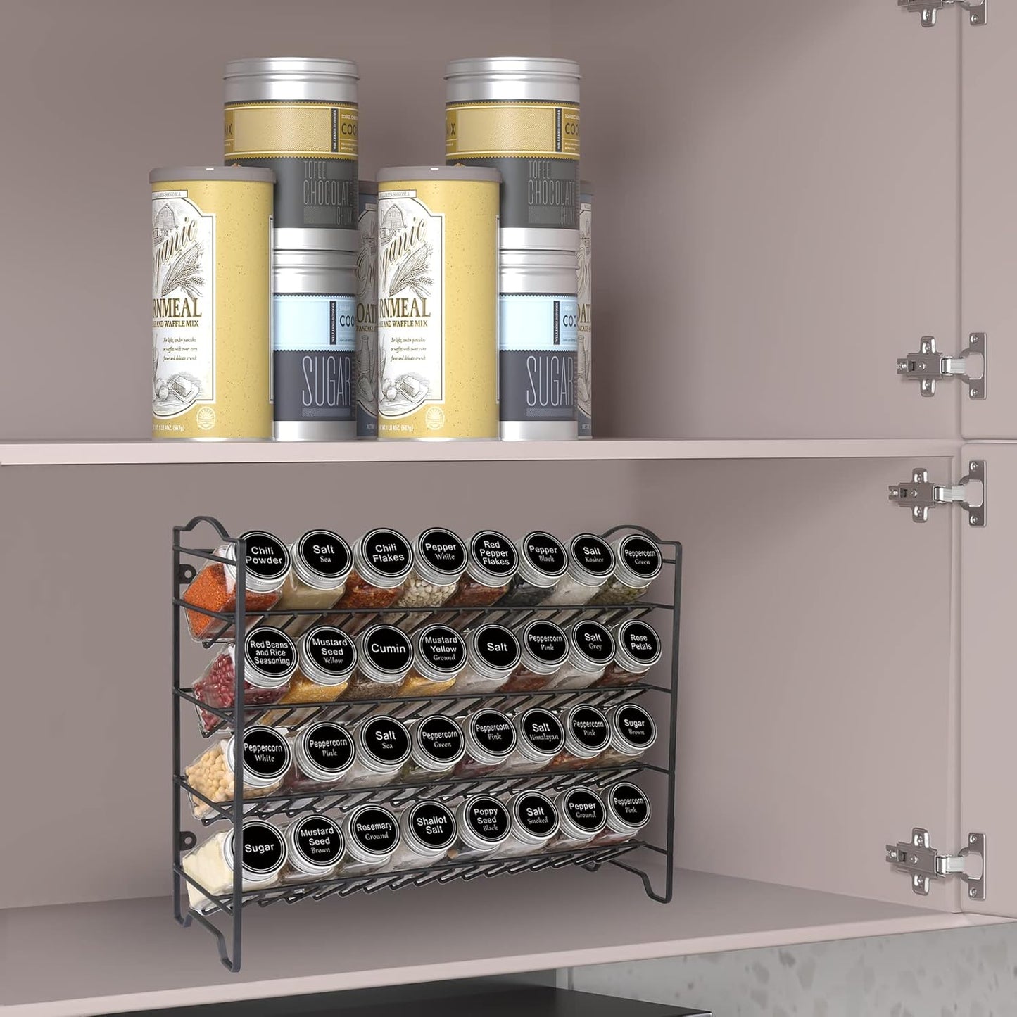 Spice Rack Organizer with 32 Glass Spice Jars and 396 Spice Labels