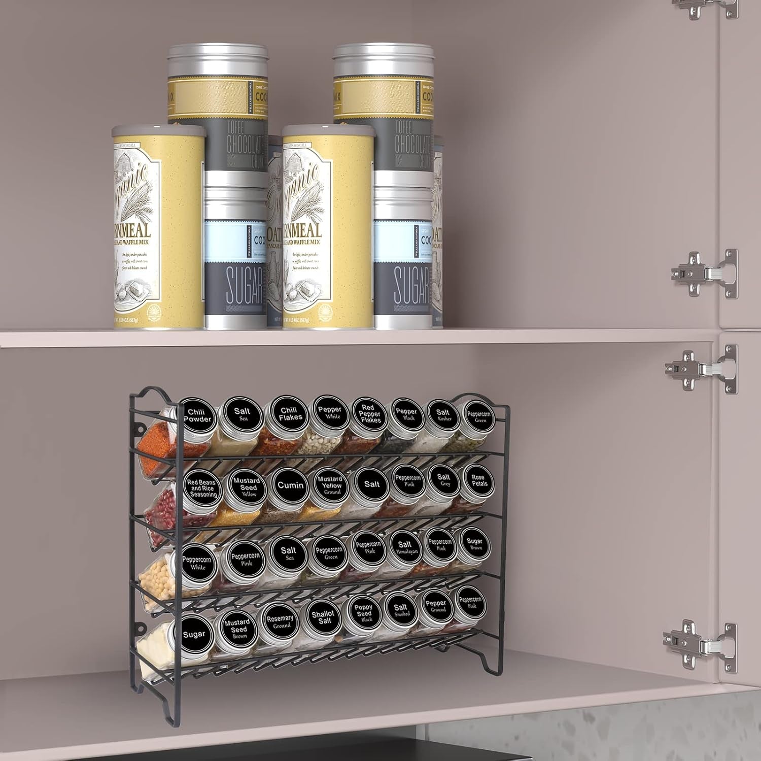 Spice Rack Organizer with 32 Glass Spice Jars and 396 Spice Labels