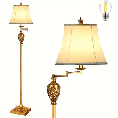 Traditional LED Floor Lamp with 350° Adjustable Swing Arm, Vintage Pole Design & Fabric Lampshade