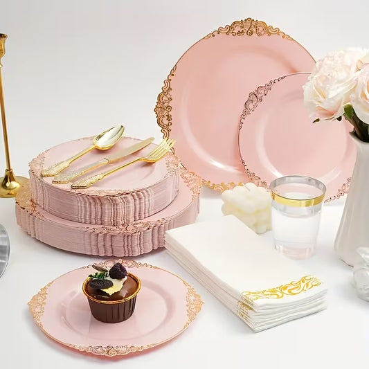 145-Piece Pink & Gold Floral Tableware Set for 20 Guests