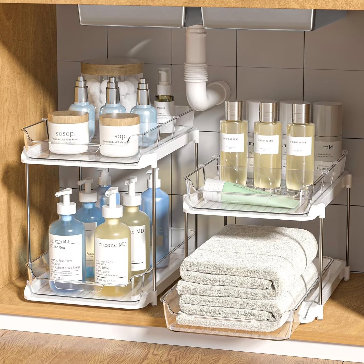 2 Pack Set under Sink Organizers and Storage, 2 Tier Sliding Bathroom Sink Organizer, Multi-Use under Kitchen Cabinet Storage Shelf (S&L), Transparent