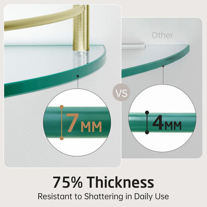 Glass Corner Shelf Bathroom Shelf Tempered Glass with Rail SUS 304 Stainless Steel Floating Wall Mount Bracket Brushed Gold, BGS2101A-BZ
