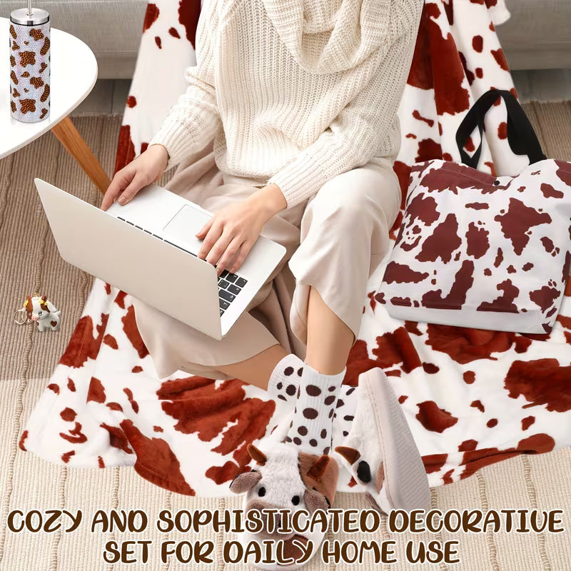 6-Piece Cow Themed Gift Set for Women, Cow Print Tumbler with Blanket, Socks, Slippers, Tote Bag and Keychain, Cute Farm Animal Gift Set for Birthdays, Holidays and Cow Lovers