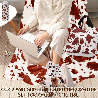 6-Piece Cow Themed Gift Set for Women, Cow Print Tumbler with Blanket, Socks, Slippers, Tote Bag and Keychain, Cute Farm Animal Gift Set for Birthdays, Holidays and Cow Lovers