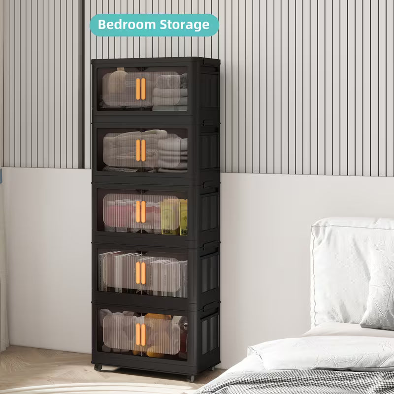 4-Tier / 5-Tier Collapsible Storage Organizer with Double Doors, Stackable Plastic Storage Cabinet on 360° Rotatable Lockable Wheels