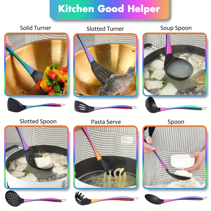 17-Piece Titanium & Silicone Kitchen Utensil Set with Holder – Heat-Resistant Non-Stick Cooking Tools with Stainless Steel Handles