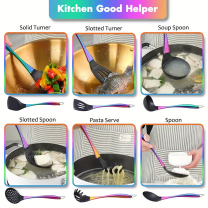 17-Piece Titanium & Silicone Kitchen Utensil Set with Holder – Heat-Resistant Non-Stick Cooking Tools with Stainless Steel Handles