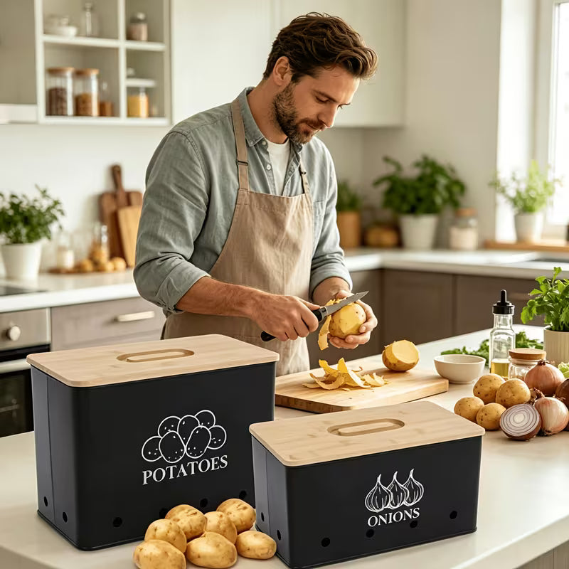 2-Pack Potato & Onion Storage Bins with Bamboo Lids