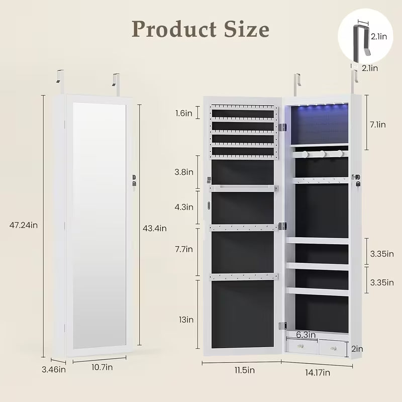 47.2-Inch Wall-Mounted Jewelry Cabinet with Mirror & LED Lights