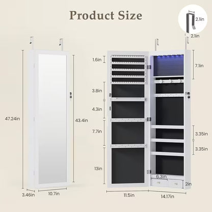 47.2-Inch Wall-Mounted Jewelry Cabinet with Mirror & LED Lights