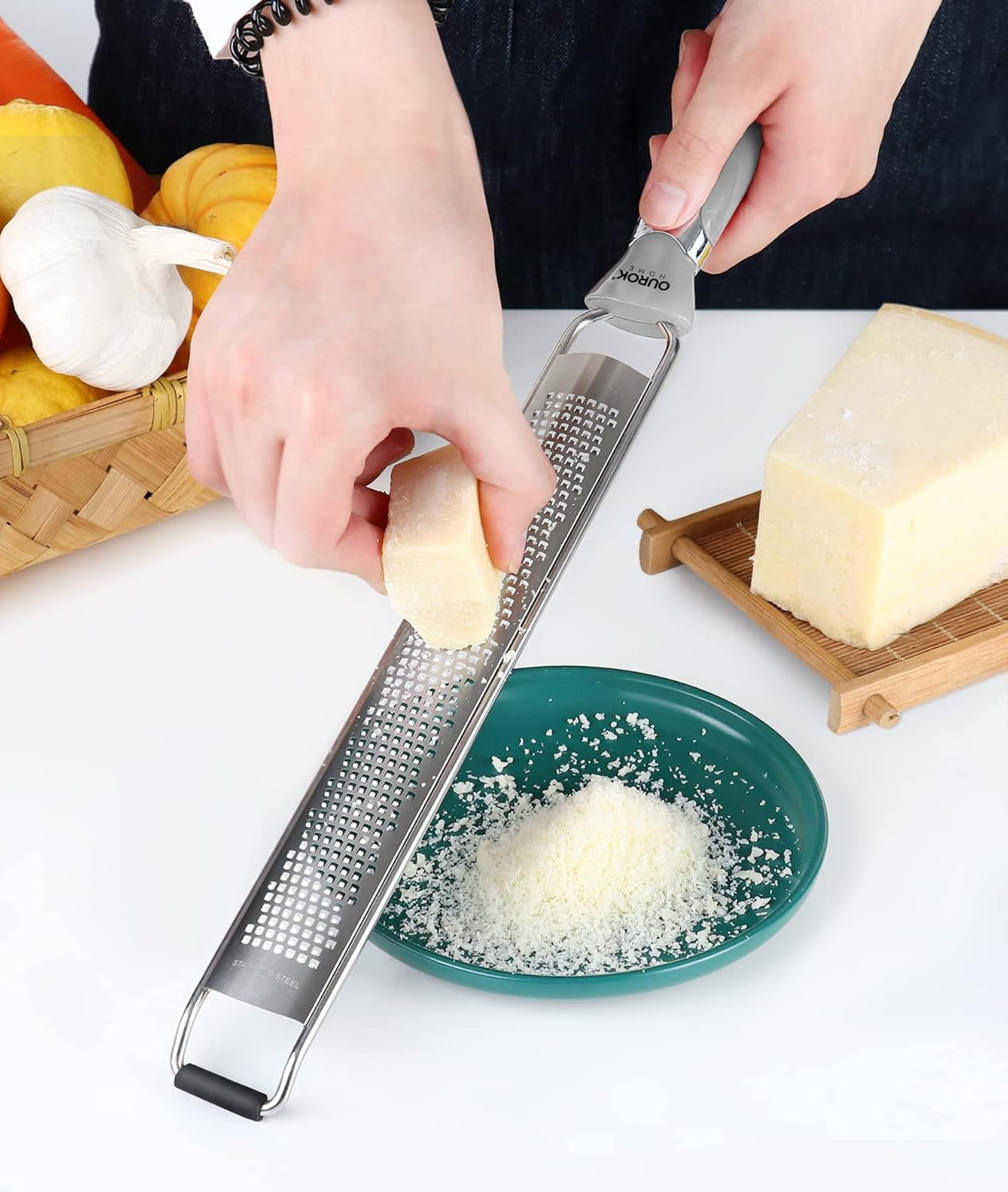 Kitchen Lemon Zester, Stainless Steel Hand Held Parmesan Cheese Grater for Ginger, Chocolate, Coconut, Lime, Nutmeg, Citrus, Fruit, Vegetable with Cleaning Brush, Dishwasher Safe, Gray