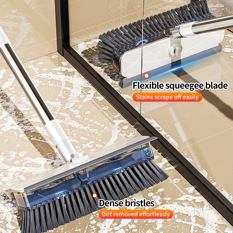 Extendable Long-Handle Floor Scrub Brush with Built-In Liquid Reservoir, Stiff Bristles & Flexible Squeegee for Bathroom, Tile & Floor Cleaning