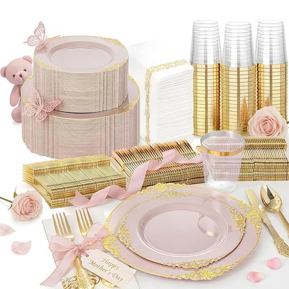 145-Piece Pink & Gold Floral Tableware Set for 20 Guests