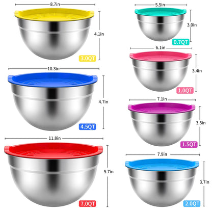 7 Pack Stainless Steel Mixing Bowls with Lids, Nesting Kitchen Prep and Food Storage Bowls Set, up to 7 Qt, Dishwasher Safe, Color