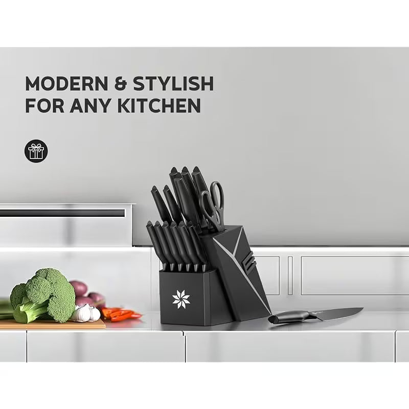 15-Piece Stainless Steel Kitchen Knife Set with Knife Block and Built-In Sharpener