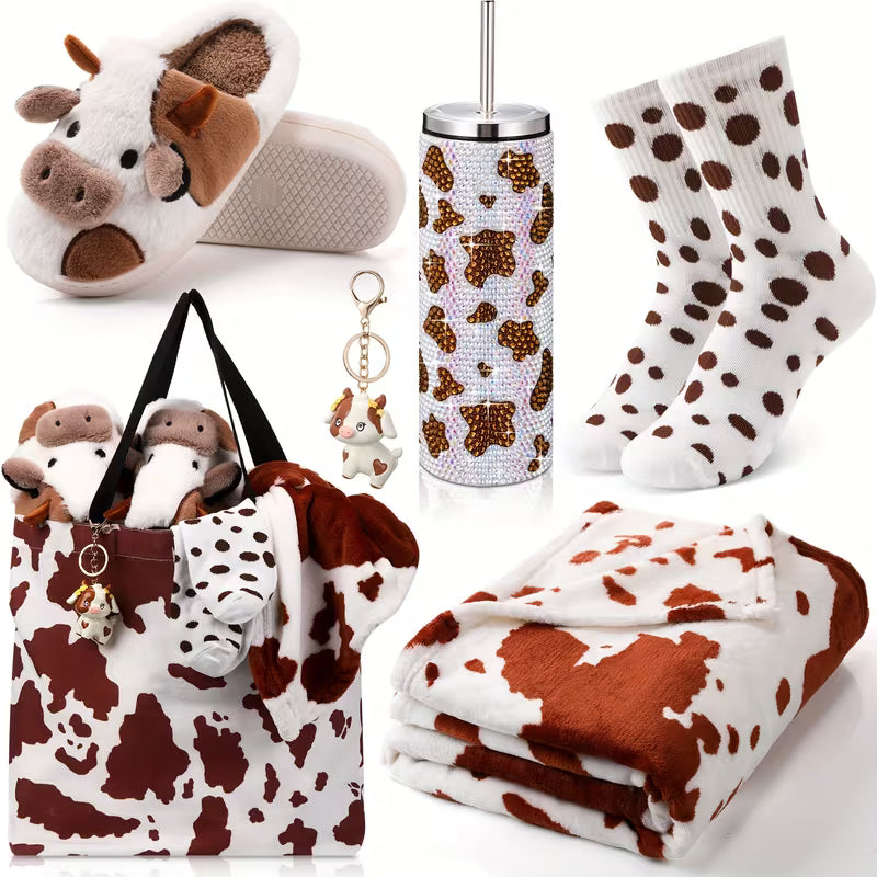6-Piece Cow Themed Gift Set for Women, Cow Print Tumbler with Blanket, Socks, Slippers, Tote Bag and Keychain, Cute Farm Animal Gift Set for Birthdays, Holidays and Cow Lovers