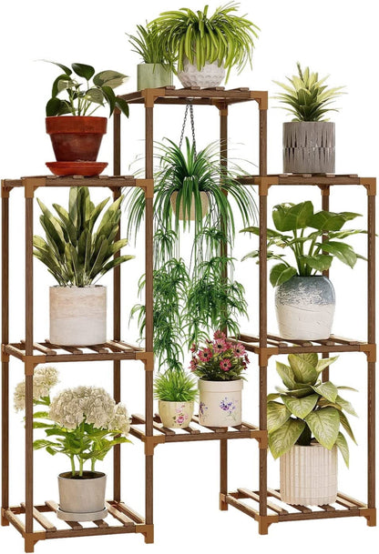 Wood Plant Stand 8 Pots Tiered Plant Shelf Indoor Outdoor Ladder Plant Rack with Hanging Design for Living Room Patio Balcony Garden