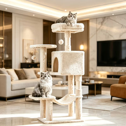 44-Inch Multi-Level Cat Tree with Natural Sisal Scratching Posts, Large Hammock & Enclosed