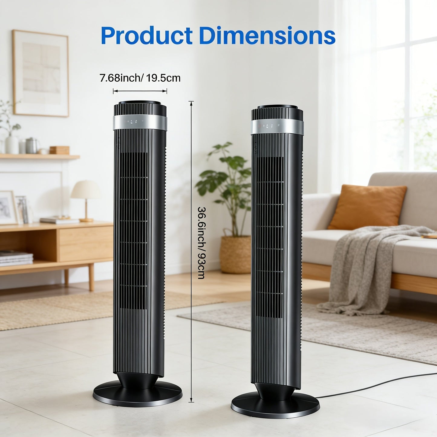 Tower Fan Bladeless 5 Speeds 4 Modes 64° Oscillating Quiet Remote 12H Timer