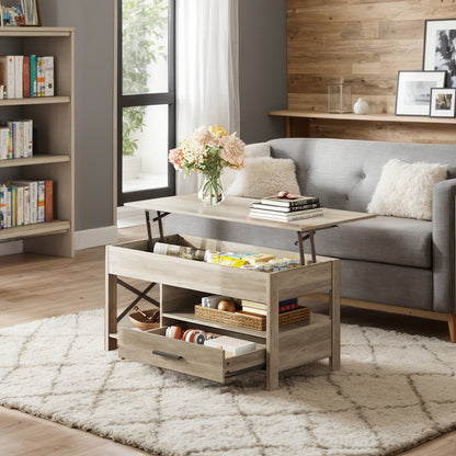 Lift Top Coffee Table w/Hidden Storage Drawer Shelf Retro Wood Living Room Table