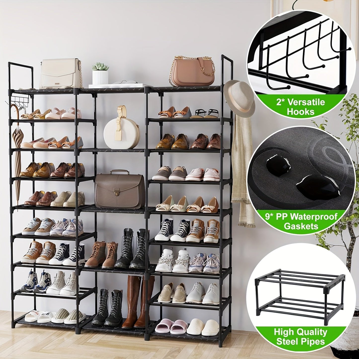 Multi Layers - Shoe Rack Organizer Column Storage Shelf Entryway w/ Hooks
